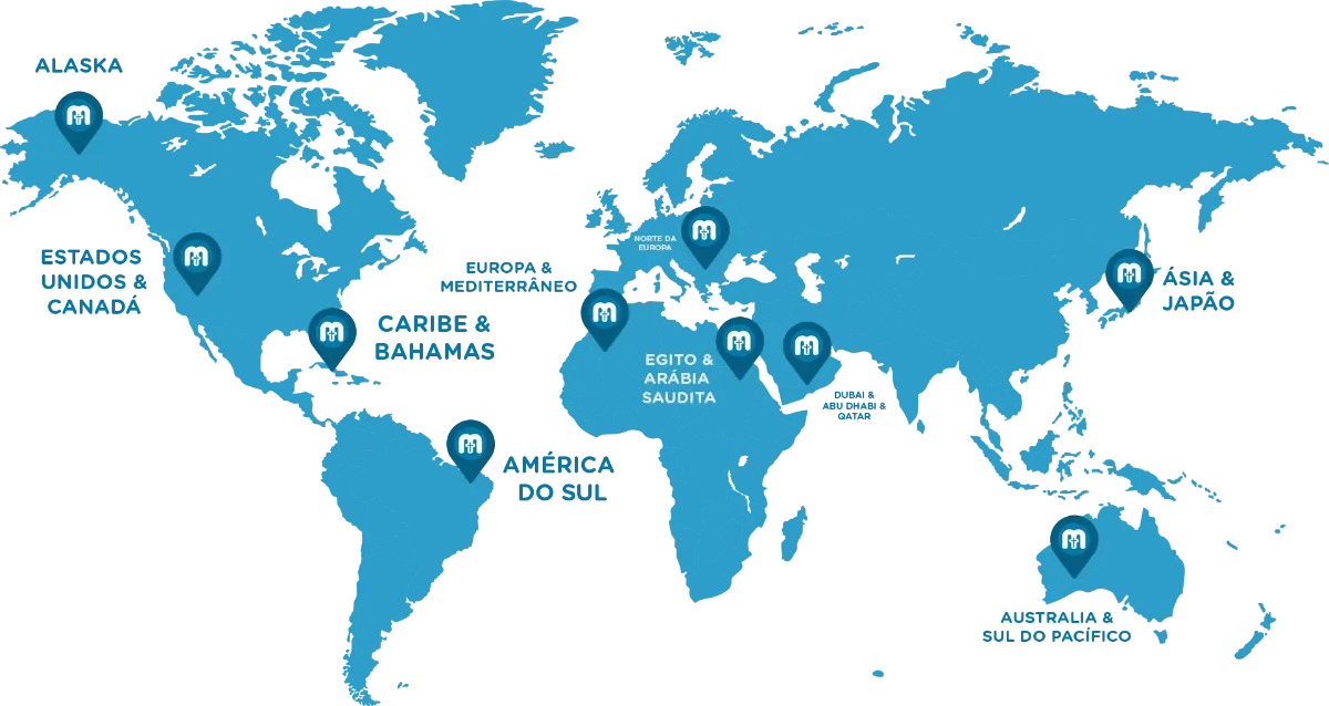 Mapa-múndi com os destinos da Mundo Viagens